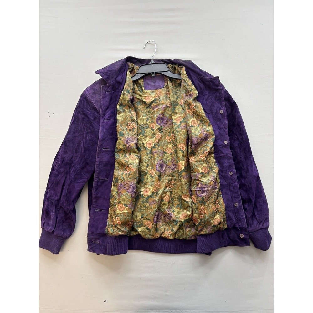 Hunt Club Vintage Purple Suede Leather Bomber Jacket Floral Lining Womens Small